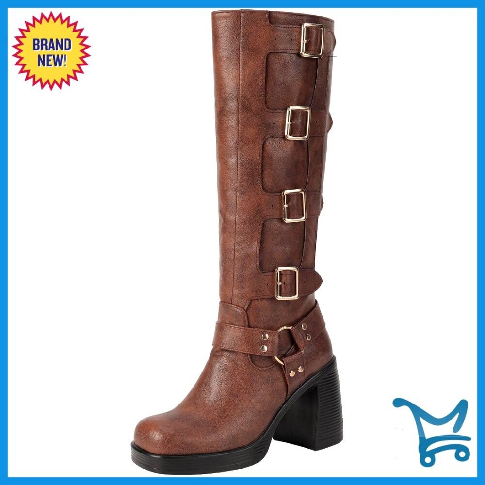 Knee High Buckle Boots Square Toe Chunky Heel Fleece Lined Winter Riding